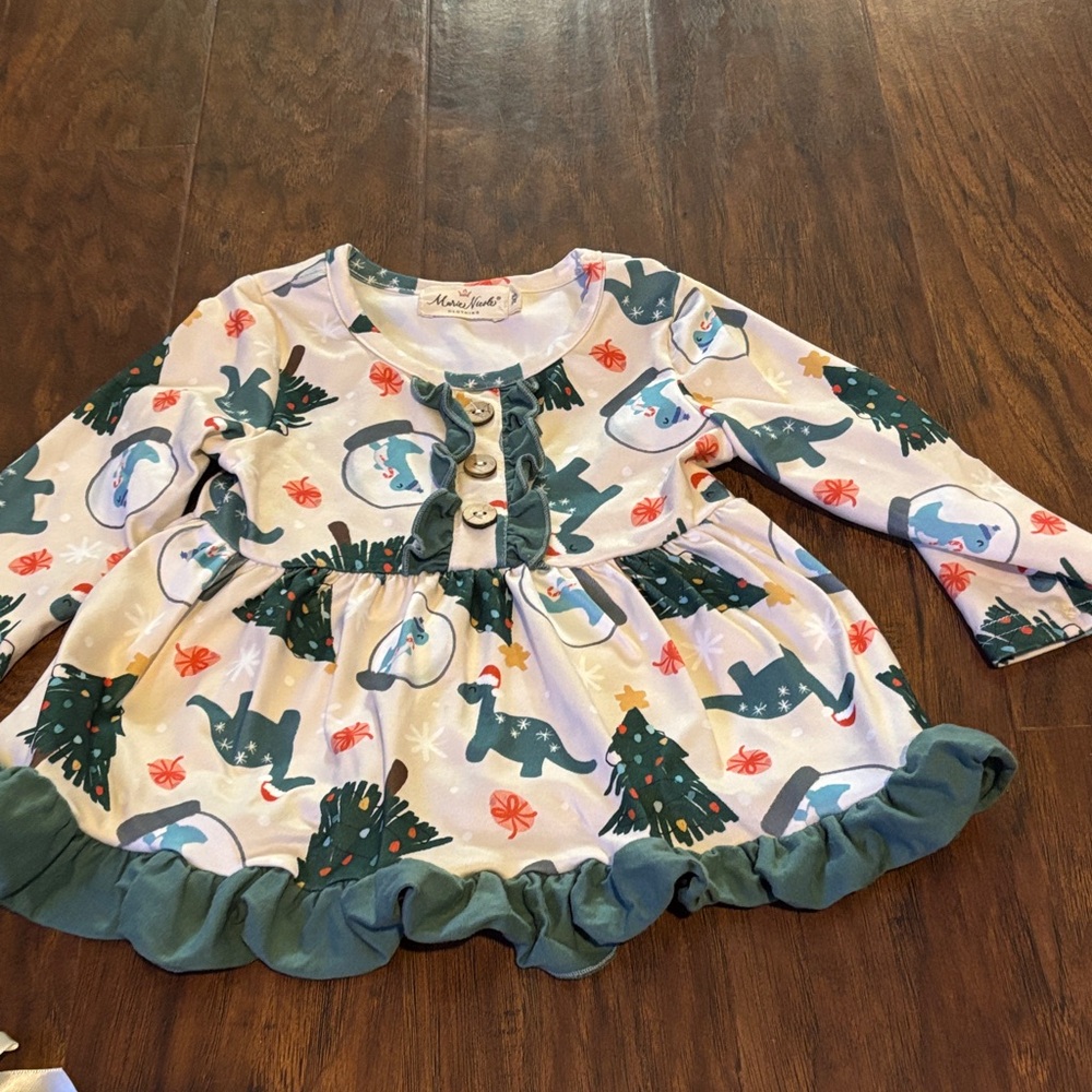 Cute Holiday Dino Themed Dress with Ruffle Hem and Matching Pants